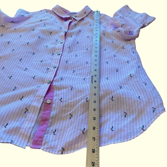 Chico's Linen Pink White Stripe Hummingbird 3/4 Sleeve Button Down Size 2/Large - Picture 9 of 13